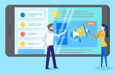 Choosing way to attract customers. Teamwork business plan development. Project management and marketing planning strategy. Woman and man chief office workers analyzes site design on smartphone