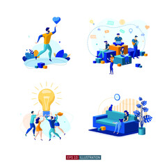 Trendy flat illustration set. Social network. Communications. Chatting. Teamwork. Online education. Remote job. Template for your design works. Vector graphics.