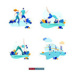 Trendy flat illustration set. Running people. Yoga poses. Yoga Lifestyle. Man and woman doing yoga. Activity. Fitness. Marathon finish. Template for your design works. Vector graphics.