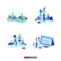 Trendy flat illustration set. Yoga lifestyle. Happy family. Sport time. Time to travel. Template for your design works. Vector graphics.