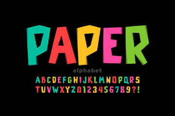 Paper cut out colorful font, alphabet letters and numbers vector illustration