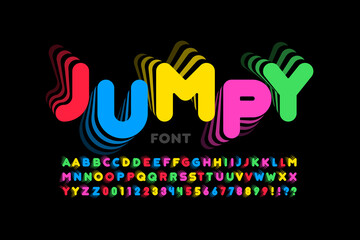 Jumping style font design, alphabet letters and numbers vector illustration - obrazy, fototapety, plakaty