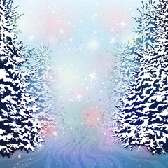 Snow-covered road in the forest. Snowfall. They ate in the snow. Snow shine. Christmas, holidays, New Year.