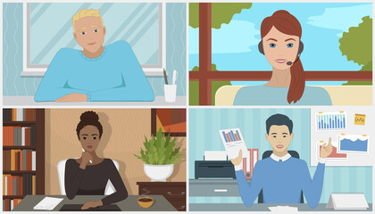 Online meeting.  Video communication. Remote work  from home. Vector illustration.