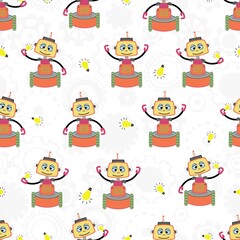 Seamless pattern with funny robots, gears and lamp . Print for fabric, wrapping paper and cover.