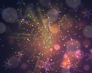 Fototapeta na wymiar Golden dust vector firework explosion with snowflakes and bokeh. Abstract Holiday Light Rays. Christmas design, decor, background. Vector illustration.