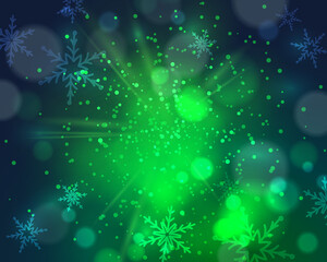 Fototapeta na wymiar Green dust vector firework explosion with snowflakes and bokeh. Abstract Holiday Light Rays. Christmas design, decor, background. Vector illustration.