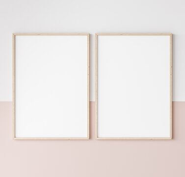 two wooden frames on pink and white wall, frame mockup, 3d render	
