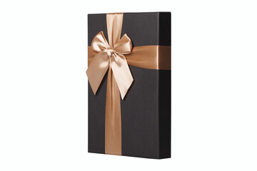 Black gift box with golden ribbon on a white background. Isolate.