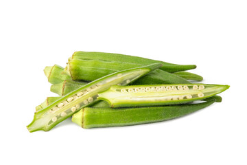 Close up Sliced fresh green okra on white background