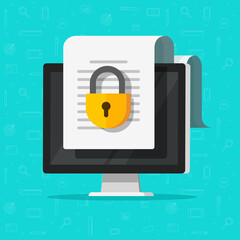 Locked confidential secure document online access on website with private lock on computer pc file vector flat icon, digital web internet privacy protection, electronic closed safety data