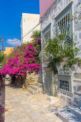 Fototapeta na wymiar Street view of traditional houses and a colorful bougainvillea tree in Ermoupolis, Syros island, Greece