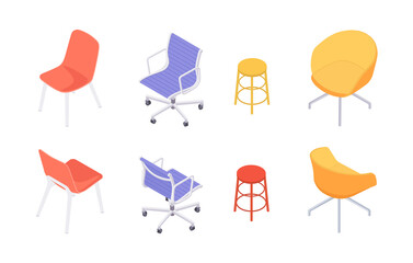 Set of isometric chairs. Vector collection. Illustration in flat design.