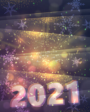 Gold Christmas Party Poster with firework explosion, light rays, snowflakes, dust and bokeh. Happy New 2021 Year Flyer, Holiday Greeting Card, Invitation, Menu Design Template. Vector illustration.
