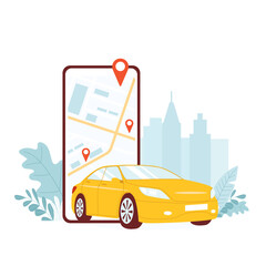 The concept of a car sharing application for a smartphone, geolocation on the city map, fast online taxi search, car rental. Isolated on white background vector illustrations.