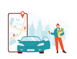 A young woman stands with a grocery bag and uses a car sharing app on her smartphone. The concept of fast online taxi search, car rental in the city. Isolated vector illustrations.