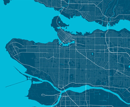 Detailed map of Vancouver city, linear print map. Cityscape panorama.
