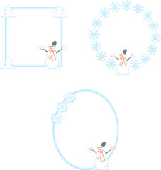 New Year and Christmas frames with snowman, Christmas tree and snowflakes