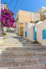 Street view of  traditional houses and a colorful bougainvillea tree in Ermoupolis, Syros island, Greece