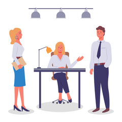 Office staff, work and communication. Head and subordinates. Lady boss sits at desk, lamp, chair. Girl with folder in strict suit. Man standing with hand in pocket. Co-workers isolated on white
