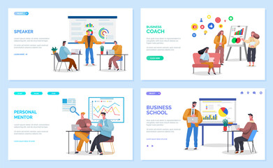 Set of landing business sites pages. Advertising of business trainings, schools, personal mentors. Boards with analytical data, people trained by experienced leaders. Infographic social network icons