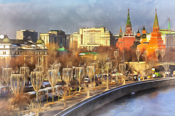 Moscow cityscape with Kremlin and Moskva river colorful painting looks like picture