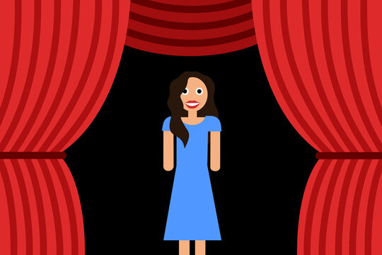 Woman And Female Is On Stage In The Theater. Nervous Performer And Actress During Performance And Show. Vector Illustration.