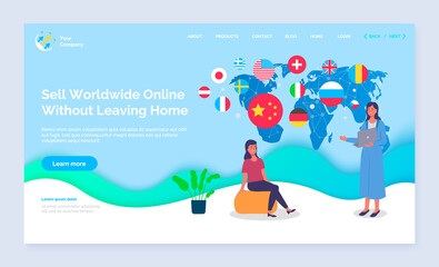 Landing page of online shopping site. Slogan Sell worldwide online without leaving home. Woman sitting on yellow pouf, pot plant. Girl manager in blue long dress with notebook. Big blue world map
