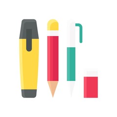 high school related pencil, pen, high light pen and raber vectors in flat style,