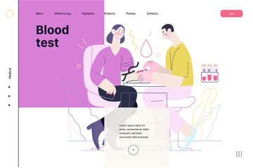 Medical tests illustration - blood test - modern flat vector concept digital illustration of blood test procedure - a patient and doctor with a syringe and test tubes, the medical office or laboratory