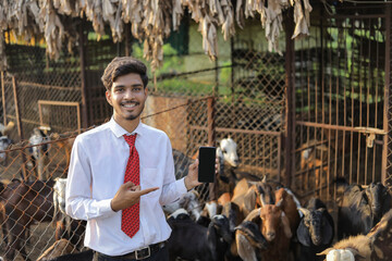 Young indian banker or animal husbandry officer showing mobile screen with copy space at goat dairy farm