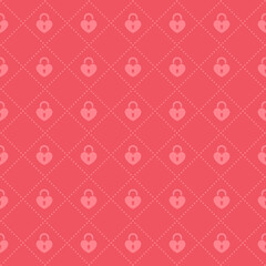 Heart shaped padlock silhouette on red background with diagonal dotted lines version 2. Valentine's day abstract seamless pattern. Simple flat vector illustration design.