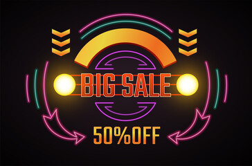 Obraz premium Big sale 50 percent off price, neon promo sign