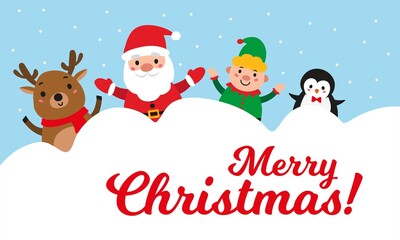 Merry Christmas greeting card with cute reindeer, Santa Claus, elf and penguin 