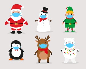 Christmas characters in protective face mask. Cute reindeer, Santa Claus, elf, snowman, penguin and polar beаr.  