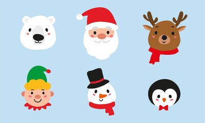 Christmas avatars set. Cute reindeer, Santa Claus, elf, snowman, penguin and polar beаr.  