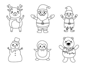 Christmas characters coloring page. Outline reindeer, Santa Claus, elf, snowman, penguin and polar beаr.  