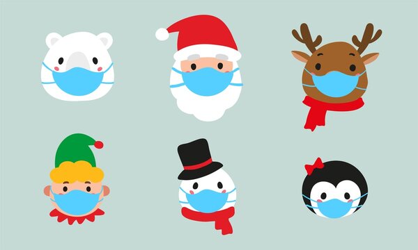 Christmas avatars in protective face mask. Cute reindeer, Santa Claus, elf, snowman, penguin and polar beаr.  