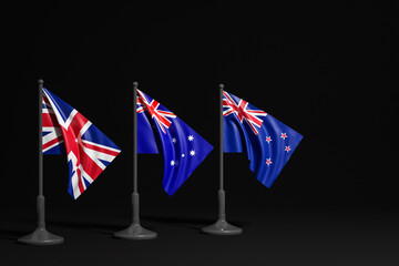 3D illustration of the national flags of United Kindon, Australia and  New Zealand on a metal flagpole fluttering on black background.Concept of export-import,transportation, delivery of goods. 