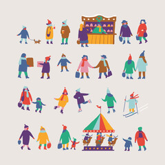Winter people vector set. Christmas market or holiday fair. Outdoor festival stand. Crowd of happy people in warm clothes in winter park. Flat vector illustration