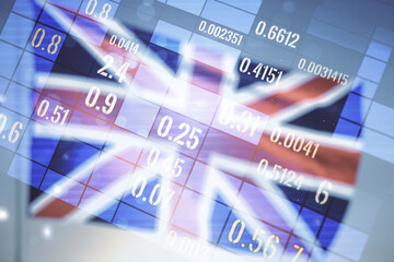 Double exposure of abstract virtual statistics data hologram on British flag and blue sky background, statistics and analytics concept