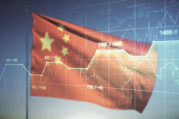 Multi exposure of creative statistics data hologram on Chinese flag and blue sky background, stats and analytics concept