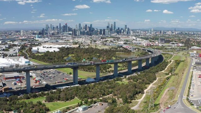 Aerial video of highway connected to Melbourne CBD in Australia