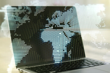 Obraz premium Multi exposure of abstract graphic world map on modern computer background, big data and networking concept