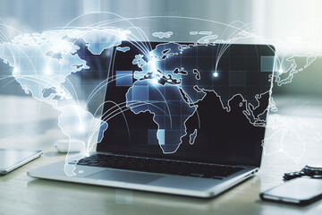 Abstract graphic digital world map with connections on modern computer background, globalization concept. Multiexposure