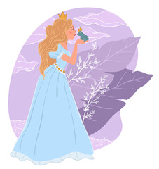 Princess kissing frog, fairy tale illustration