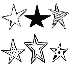 Set of 6 different hand drawn stars, rough handmade, black doodles isolated on white background EPS Vector