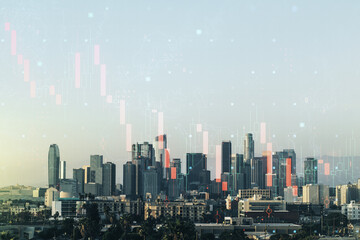 Economic crisis chart and world map hologram on Los Angeles cityscape background, bankruptcy and recession concept. Multiexposure