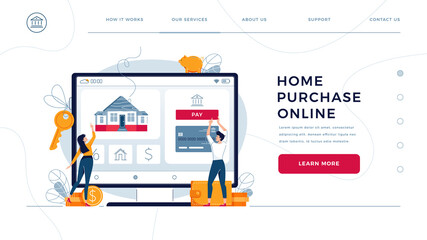Obraz na płótnie Canvas Home purchase online, template for homepage. Couple touching the button on monitor screen, buy a home. Concept of house-buying, property purchase online for website design. Flat vector illustration