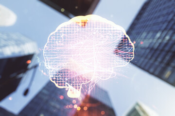 Virtual creative artificial Intelligence hologram with human brain sketch on office buildings...